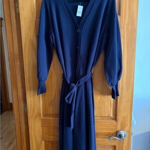 Ann Taylor Navy V-Neck Button-Front Knit Dress with Tie Waist